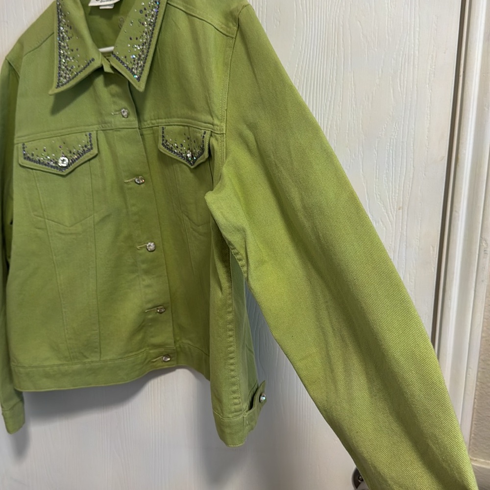 Christine Alexander Women's Large Green Denim Rhinestone Long Sleeve Button Down - Picture 4 of 15
